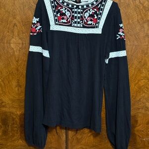 Free People Black Floral Embroidered Boho Blouse